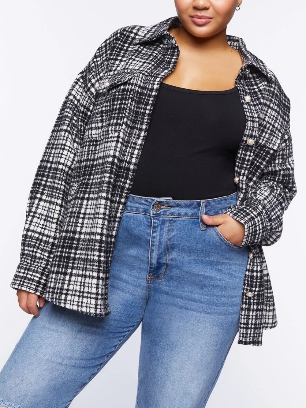 Forever 21 Plus Size Drop-Sleeve Plaid Shacket in Black / Cream - Size 0XL